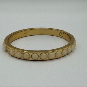 J.Crew Gold Tone Bangle Bracelet 7” Cream Enamel Dots Hinged Design